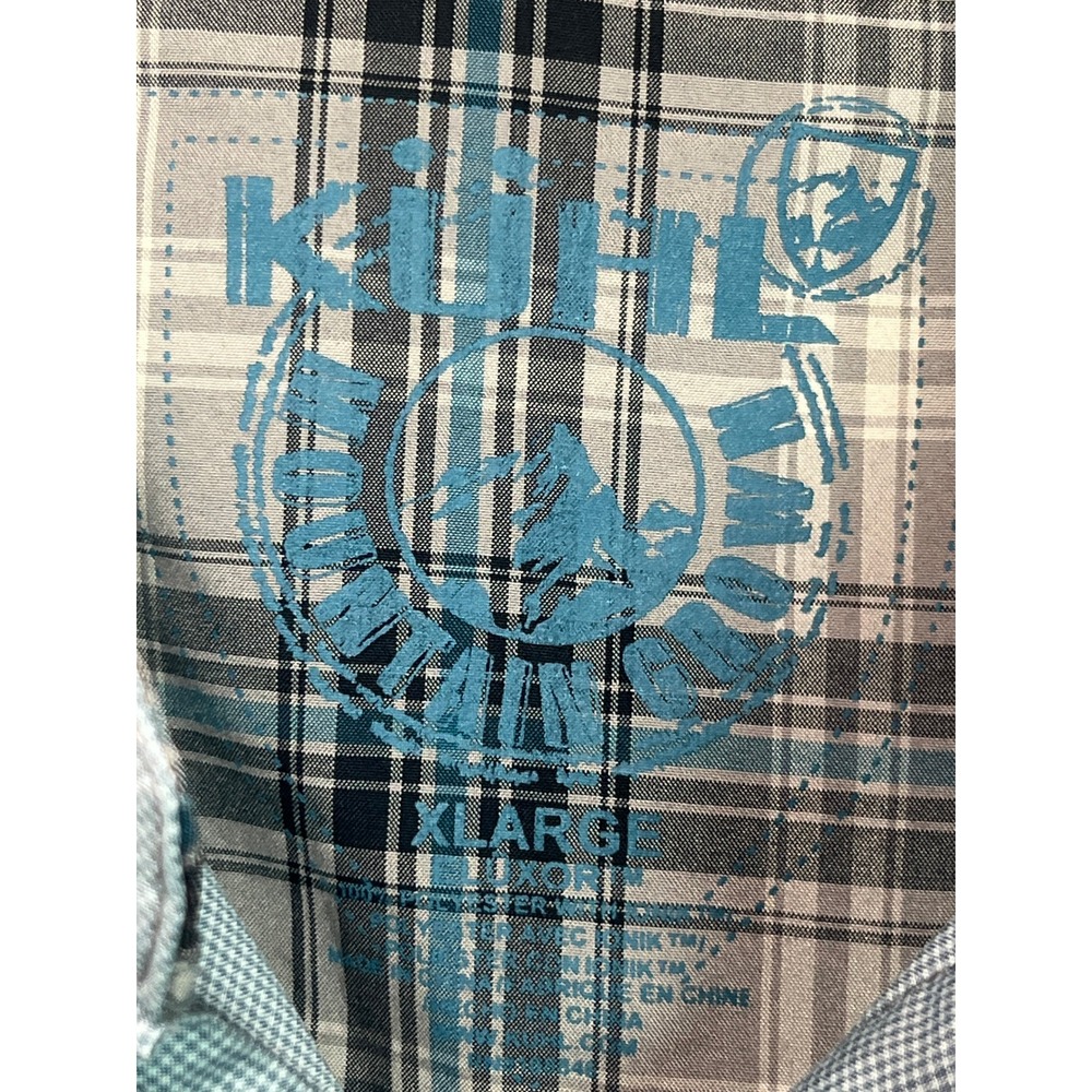 KUHL Luxor Hiking Shirt Mens XL Blue Micro Check Short Sleeve Button Down Preppy